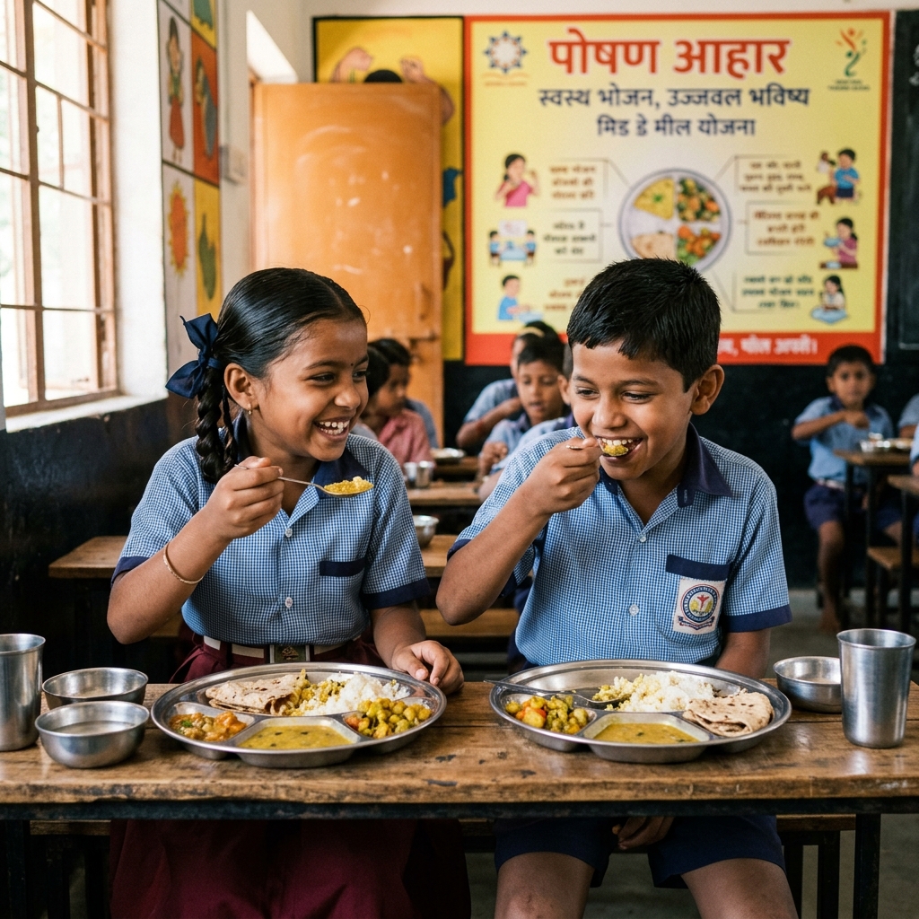 Happy children eating mid-day meal