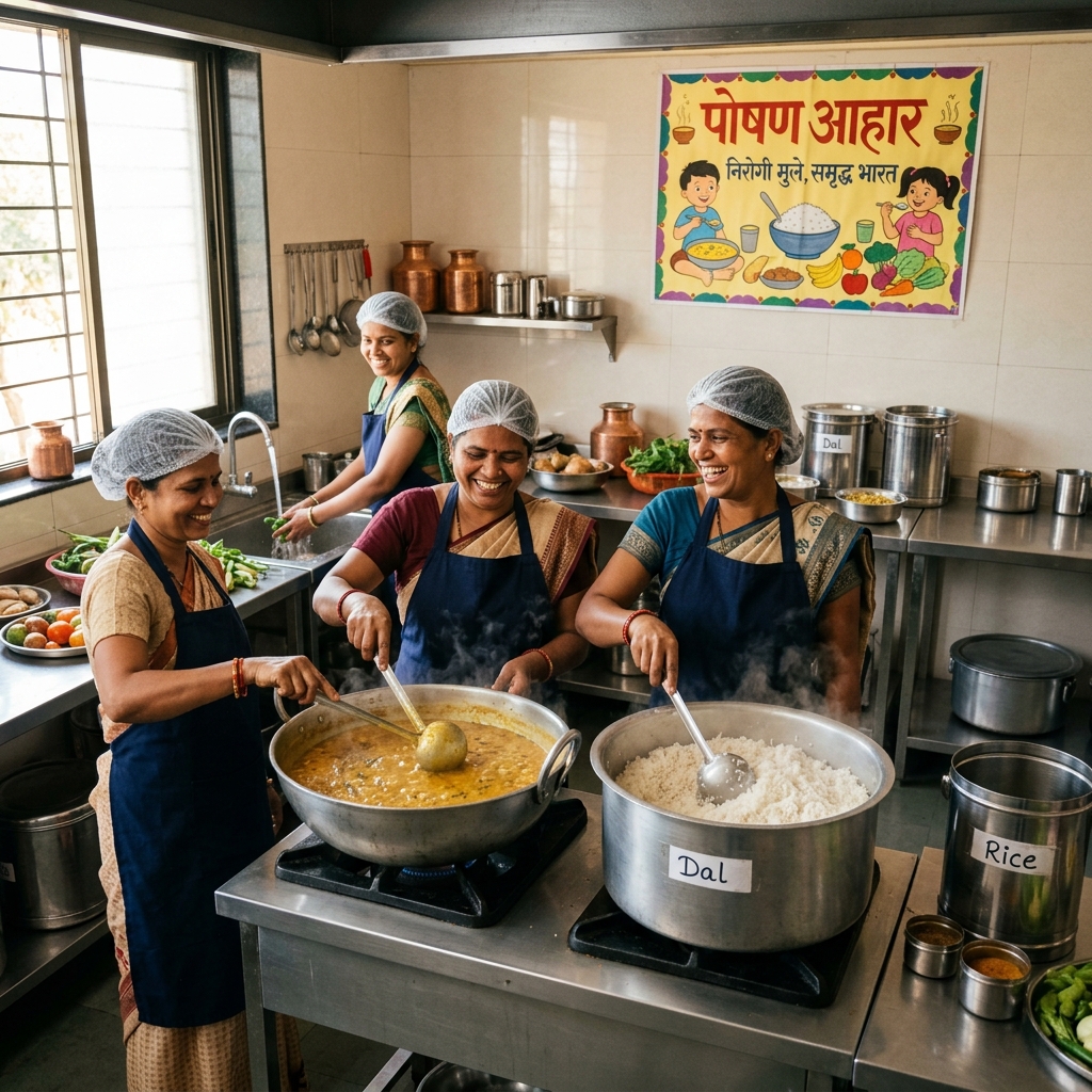 School kitchen staff preparing meals